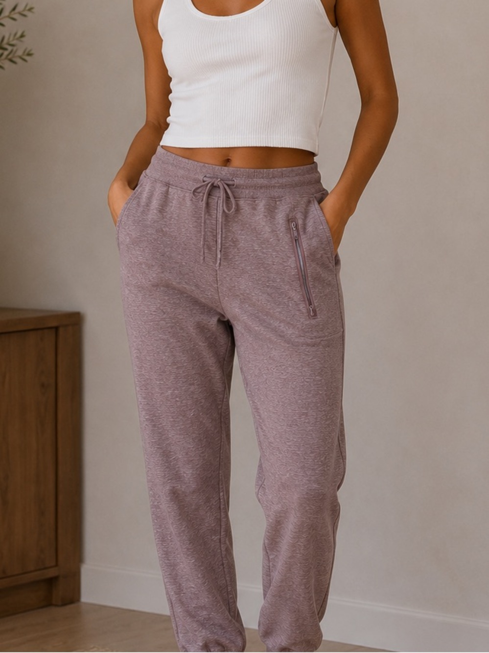 Marika Heathered Dusty Mauve Jogger Pants with Zipper Pockets